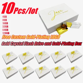 10 шт./лот Бесплатная Изготовленная на Заказ Белая коробка с позолоченным логотипом с золотым кристаллом USB2.0 Флэш-накопитель 4 ГБ 8 ГБ 16 ГБ 32 ГБ 64 ГБ 128 ГБ