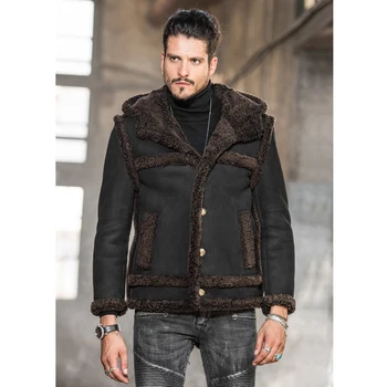 2019 Новая Мужская Черная куртка из овечьей шерсти B3, Короткое меховое пальто с черепом, Кожаная куртка с капюшоном, Мужские зимние пальто со съемными рукавами