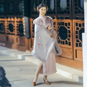 2021 Новый Элегантный плащ Hanfu с цветочной вышивкой, Женская одежда, Ретро потертое пальто средней длины, плащ, китайский традиционный костюм