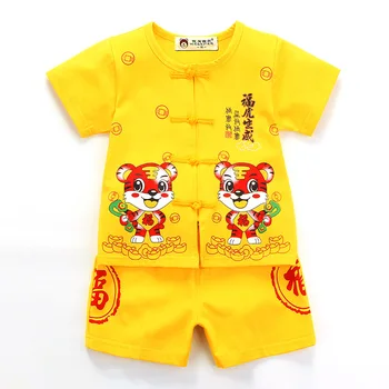 2022 Новые Китайские костюмы Tang, Комбинезоны для Малышек Унисекс, Летние Желтые Комбинезоны из чистого хлопка с вышивкой Тигра, Одежда для новорожденных на День Рождения