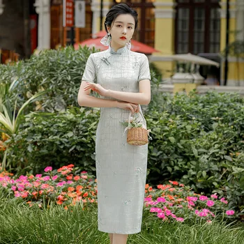 2022 Новый Кружевной Летний Женский Ципао с коротким рукавом, Традиционное китайское женское вечернее платье с вышивкой, Элегантный Чонсам