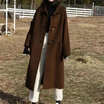 2022 осенне-зимнее новое женское пальто с длинными рукавами, шерстяное пальто на роговых пуговицах, модное темпераментное женское длинное пальто