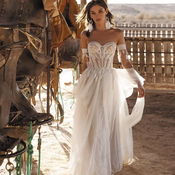 2023 Идеальное Свадебное платье в стиле бохо, Милая Кружевная Аппликация Трапециевидной формы, Богемное Свадебное платье с открытыми плечами, Vestidos De Novia