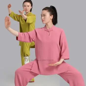 2023 китайская винтажная одежда для выступлений в тайцзицюань, топы + брюки, комплект для боевых искусств, тай-чи, хлопчатобумажная льняная униформа, набор для выступлений команды