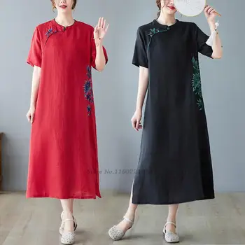 2023 китайское винтажное платье улучшенное ципао, национальная цветочная вышивка, платье ципао, хлопковое льняное восточное народное платье чонсам