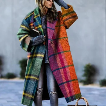 2023 Осеннее женское шерстяное пальто с принтом, подходящее по цвету клетчатое шерстяное пальто с длинными рукавами и лацканами, женская твидовая куртка