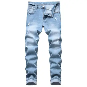 2023 Светло-голубые Мужские Рваные джинсы, Прямые Тонкие нерастягивающиеся джинсовые брюки, Дизайнерские Уличные повседневные Длинные брюки, Прямая поставка
