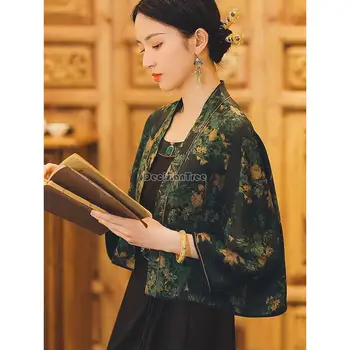 2023 улучшенный национальный стиль, китайская куртка династии Сун, короткий рукав-труба с цветочным принтом, женский топ hanfu, g923