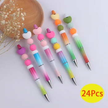 24 шт., ручки с градиентными шариками, Пластиковая многофункциональная шариковая ручка, милое мультяшное сердечко, силиконовые ручки с ручным бисером