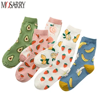 3 пары/комплект женских носков Kawaii с забавными фруктами, Авокадо, Клубникой, Арбузом, Персиком, Бананом, Удобные женские носки для экипажа