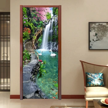 3D Природный Пейзаж Водопады Наклейка на дверь, стену, Гостиную, кухню, ПВХ Самоклеящаяся Водонепроницаемая наклейка на двери, обои