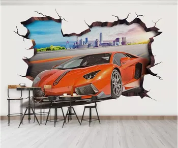 3d фотообои настенная роспись на заказ спортивный автомобиль сквозь стену гостиная 3d настенные росписи обои для стен 3 d