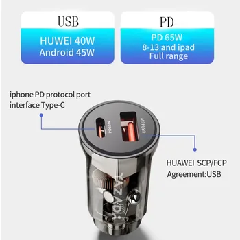 65 Вт PD 45 Вт USB3.0 Автомобильное Зарядное устройство, Прикуриватель, Несколько розеток Для автоматического зарядного Устройства, Супер Быстрая Зарядка, Беспроводная Для Iphone Samsung Xiaomi Mini