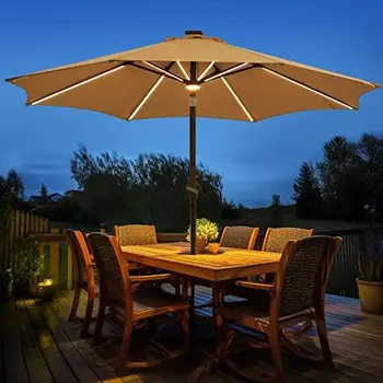 9-Футовый Открытый Солнечный Зонт LED Настольные Зонтики с 16 светодиодными лампами и ступицей, Алюминиевая Рама, устойчивость к выцветанию 3 ГОДА.