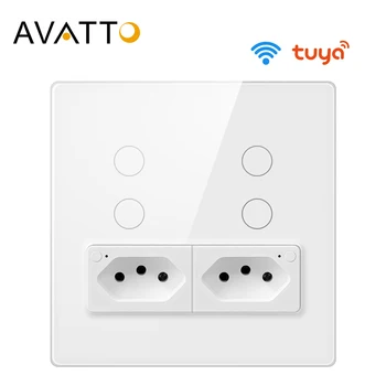 AVATTO Tuya Бразилия 4X4 WiFi настенный выключатель с розеткой, сенсорный прерыватель 4 gang Smart Light Switch работает для Alexa Google Home