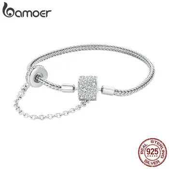 Bamoer Аутентичный браслет-оберег из стерлингового серебра 925 пробы с безопасной цепочкой, женские бусы и подвеска, браслет 