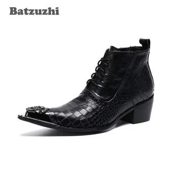 Batzuzhi/ Модельные туфли на шнуровке; Черные Мужские ботинки из натуральной кожи на каблуке 6,5 см; Мужские Ботильоны с высоким Берцем; Мужские Ботинки Больших Размеров 38-46