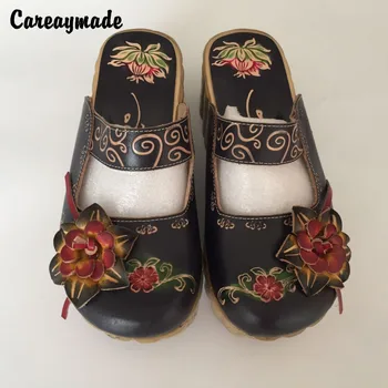 Careaymade-Обувь с резьбой ручной работы из воловьей кожи с головным убором в народном стиле, обувь mori girl в стиле ретро, женские повседневные сандалии1510-3