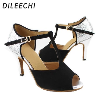 DILEECHI/женские черные бархатные туфли для латиноамериканских танцев с серебряной вспышкой на мягкой подошве, обувь для бальных танцев, обувь для Сальсы и самбы