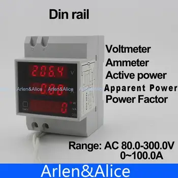 Din-рейка со светодиодным дисплеем вольтметр амперметр с активной и кажущейся мощностью и коэффициентом мощности Диапазон DIN-рейки AC 80,0-300,0 В 0-100,0 А