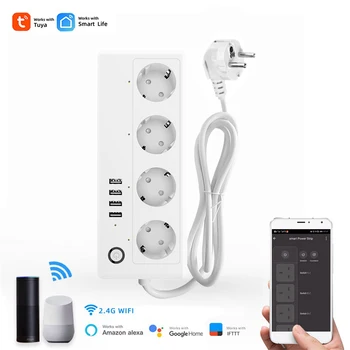 EU 16A Tuya Smart Life Wifi Power Strip, 4 розетки с 4 USB-портами для зарядки, таймер, защита от перегрузки, пульт дистанционного управления Alexa Google Home
