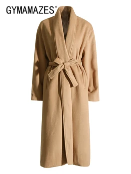 GYMAMAZES/ Винтажные пальто для женщин с V образным вырезом и длинным рукавом, на шнуровке в стиле пэчворк, Свободные Темпераментные пальто, Женская модная одежда, Новинка 2023 года