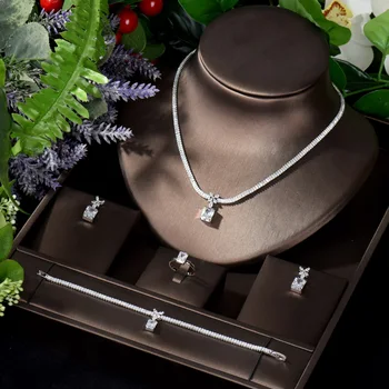 HIBRIDE, сверкающие квадратные дизайнерские хрустальные серьги и ожерелье, наборы подвесок для женщин, Свадебные украшения, аксессуары для новобрачных N-1283