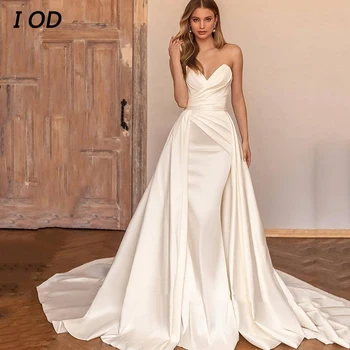 I OD Простые Свадебные платья Русалки, Атласное свадебное платье с открытыми плечами и открытой спиной, длиной до пола, со съемным шлейфом, Vestidos