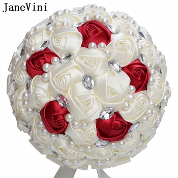 JaneVini Искусственные атласные розы, свадебные букеты со стразами, лента цвета слоновой кости, Жемчужный букет для новобрачных, Бордовый Элегантный