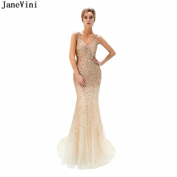JaneVini, Роскошные платья для матери невесты цвета шампанского и золота, иллюзия Русалки с V-образным вырезом, расшитые бисером, Блестящие Длинные вечерние платья