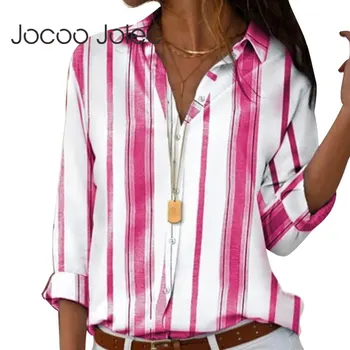 Jocoo Jolee, Весна-лето, хлопковая блузка в полоску с длинным рукавом, Женская Свободная рубашка с отложным воротником, Топы Оверсайз, Женская одежда