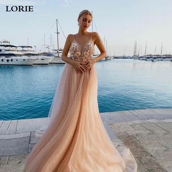 LORIE Champagne Boho Свадебные платья Трапециевидной формы на тонких бретельках с 3D кружевными цветами, Сексуальное пляжное платье Невесты с открытой спиной, Свадебное платье
