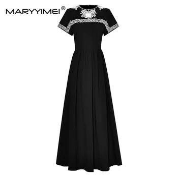MARYYIMEI/ Модное дизайнерское Летнее женское платье с короткими рукавами, черные тонкие Элегантные винтажные платья с вышивкой