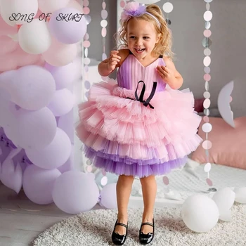 Mini Flower Girl Ball Dresses For Wedding Pink Purple Spaghetti Strap First Communion Princess Gowns детские вечерние платья