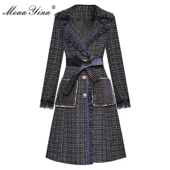 MoaaYina/ Модная дизайнерская ветровка из шерстяной ткани, осеннее женское однобортное клетчатое пальто с длинными рукавами и кисточками