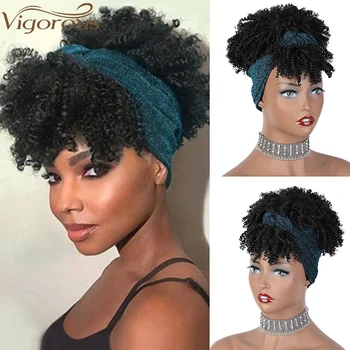 MONIXI, Синтетические Короткие Парики с повязкой на голову, Черный афро-кудрявый парик с челкой, Синий Тюрбан, Парики для женщин