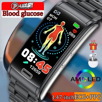 P-LUXURY 2023 Умные Часы для измерения уровня глюкозы в крови 1,47 Дюйма ЭКГ + PPG Мониторинг Сердечного ритма Оксиметрия Артериального Давления Смарт-Часы Для Мужчин Женщин