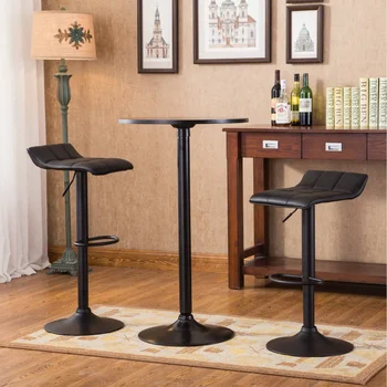 Roundhill Furniture Belham Черная Круглая столешница с черной ножкой и основным металлическим барным столиком и 2-мя поворотными черными предметами мебели для домашнего бара