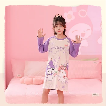 Sanrio Kawaii Cinnamoroll/ Детская ночная рубашка с рисунком Аниме Мелоди Куроми, Пижамное платье с длинными рукавами из Мультфильма, Домашняя одежда для девочек, Детская одежда