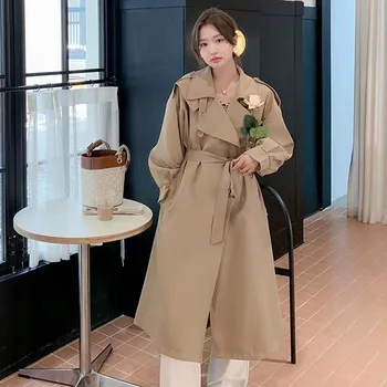 SuperAen, тренч цвета Хаки, Женское длинное пальто с завышенной талией, Весенне-осеннее Новое длинное женское пальто в корейском стиле