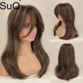 SuQ, синтетические парики для женщин, Омбре, коричневый парик с челкой, длинные волнистые Косплей, натуральный термостойкий парик для женщин