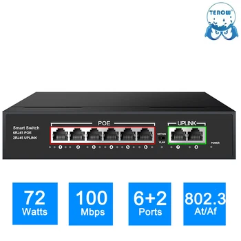 TEROW POE Коммутатор Полный Гигабитный 8 Портов 100 Мбит/с Сетевой LAN RJ45 Концентратор Smart Ethernet Switcher 72 Вт для IP-камеры/Беспроводной точки доступа/WiFi