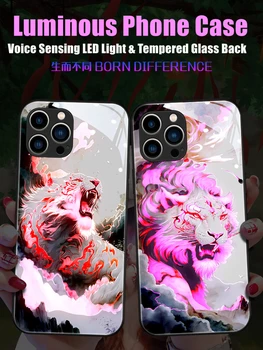 Tiger 7 Color LED Light Светящийся Чехол для Телефона из Закаленного Стекла с Задней стороны для iPhone 11 12 13 14 X Xs Xr Mini Pro Max Plus Cover