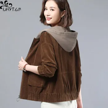 UHYTGF, Вельветовое короткое пальто для женщин, весна-осень, Новая корейская версия, Свободная Куртка с капюшоном и карманом на молнии, Повседневная модная женская куртка