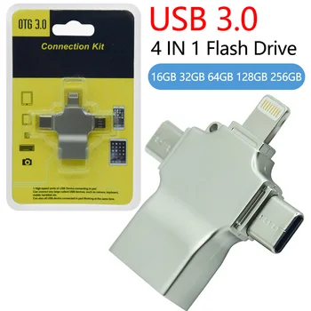 USB 3,0 Флэш-накопитель 64 ГБ 128 ГБ Lightning OTG Pen Drive 32 ГБ 256 ГБ Memory Stick 4 в 1 флешка Micro USB Stick Для Iphone