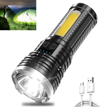 USB Перезаряжаемый светодиодный фонарик, тактический аккумулятор в комплекте, фонарики, супер яркий фонарь с боковым освещением, водонепроницаемый для кемпинга