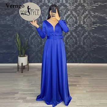 Verngo Пыльно-голубые атласные Вечерние платья с длинными рукавами, Простой V-образный вырез, Скромное женское вечернее платье для выпускного вечера, большие размеры, Vestidos