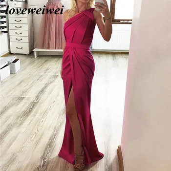 vestido de noche de satén prenda Sexy con un hombro al descubierto con abertura lateral longitud hasta plisado rosa intenso