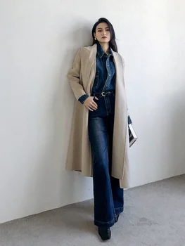 Xiaoqian Теплое Кашемировое Пальто с двойной Подкладкой из Двухслойной Ткани Со Съемным вырезом VNeck, Длинное Пальто для Женщин