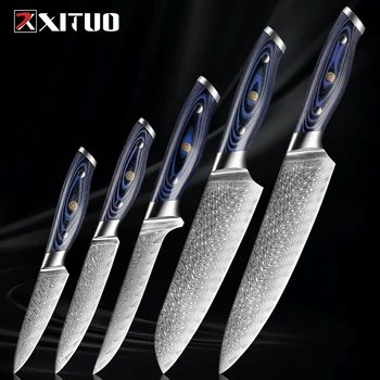 XITUO Дамасский Кухонный нож шеф-повара, супер острый японский нож Санкоту из дамасской стали, Ножи для Нарезки Костей, Кухонный нож для приготовления пищи